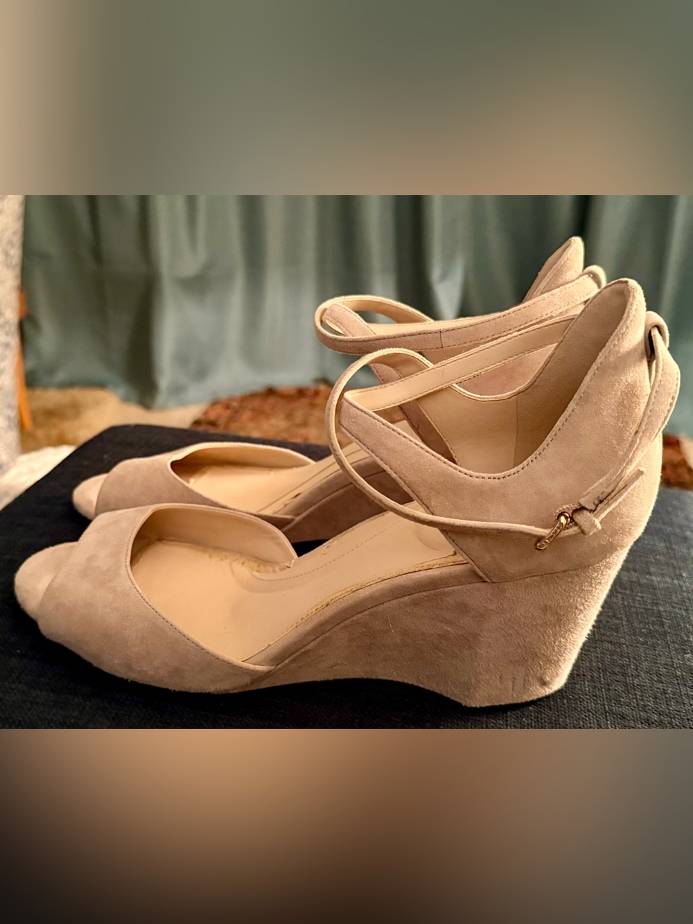 Cole Haan Grand OS Taupe Suede Ankle-Strap Wedge Sandals